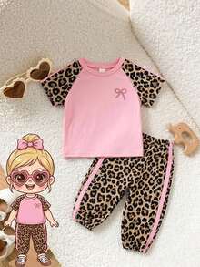 SHEIN Elladie kids 女嬰 2件/套 粉紅色夏季套裝 可愛休閒度假風 刺繡裝飾 短袖泡泡袖圓領上衣&長褲 - 綠色 - 查看 3