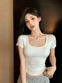 DAZY 女款圓領休閒純色修身T恤 - 白色 - 查看 3