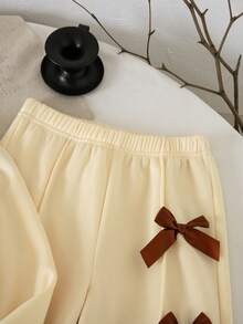 Tween Girls Back To School Fashion Grey Long Sleeve Wide Leg Bow Top Pants Round Neck Decor - Yellow - View 5