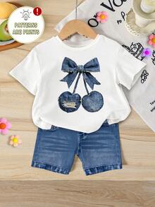 SHEIN Vintaside Kids 1件隨機款式女嬰時尚甜美櫻桃蝴蝶結印花短袖圓領T恤與印花短褲套裝 - 彩色 - 查看 4