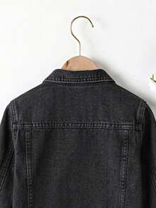 Denimly 女孩時尚戶外百搭休閒學院風可愛花卉彩虹蝴蝶結字母愛心印花牛仔夾克外套，翻領水洗牛仔長袖 - 深灰色 - 查看 4