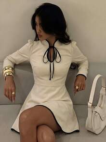 Firerie New Chinese Style Stand-Up Collar Tie-Up Hollowed-Out Dress With Contrasting Trim, Slimming Mini Dress - Khaki - View 2