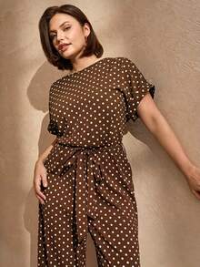 SHEIN Clasi 大尺碼夏季休閒波點印花連身褲 - 鏽棕色 - 查看 9