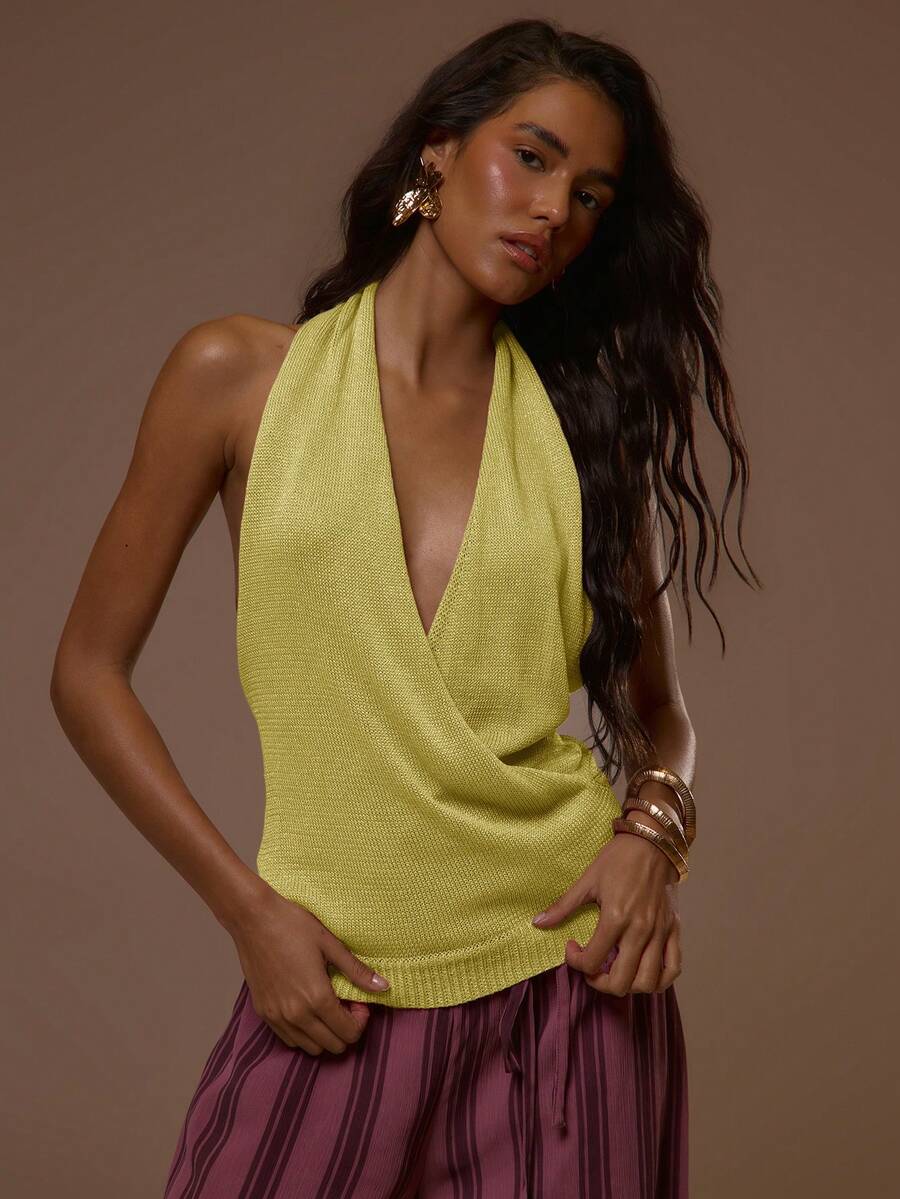 MUSERA Deep V Cross Over Fitted Waist Knitted Halterneck Top Summer Spring Sexy Cute Holiday Vacation Going Out Occasion Ibiza Elegant Sunset Ties - Yellow - View 1
