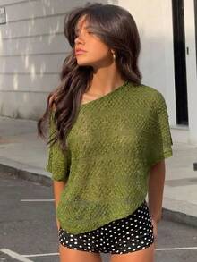 Aloruh Women's Solid Color Asymmetrical Shoulder Casual Versatile Daily Wear Top,Summer Top - Army Green - View 5