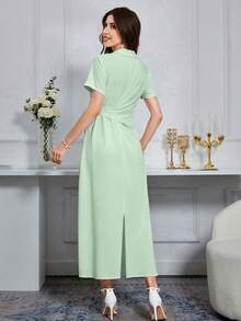 Modelyn Summer Solid Color Cross Wrap V-Neck Short Sleeve Dress With Front Buttons Maxi Women Outfit Teachers' Day Office Mint Green Elegant Smart Casual - Green - View 2
