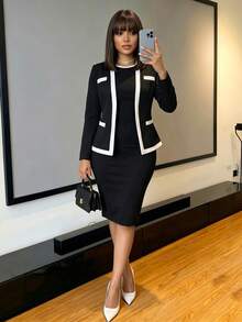 SHEIN Lady 女式撞色长袖上衣和连衣裙两件套 - 黑與白 - 查看 3