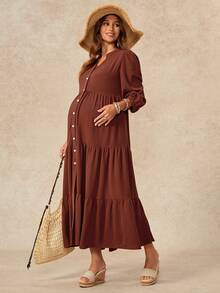 Boho Mama 孕婦長袖純色單排扣簡約性感可愛時尚休閒正式商務拍照洋裝 秋季感恩節棕色 - 紅木色 - 查看 11
