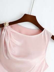 GlowEve Spring/Summer Satin Baby Pink Round Neck Sleeveless Pleated Metal Button Ruffle Collar Exquisite Elegant Commute Date Office Women's Blouse Shirt - Baby Pink - View 5