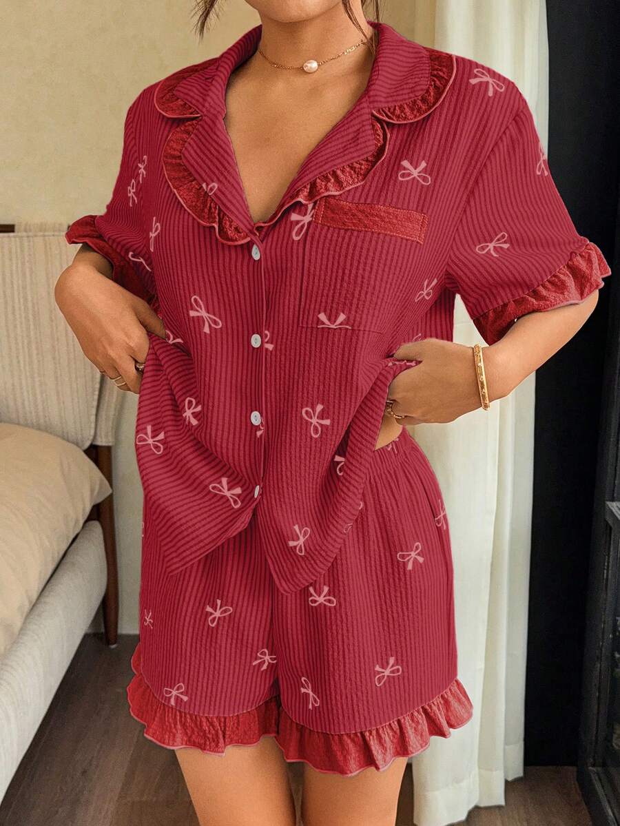 Napfluff Conjunto de pijama de mujer con estampado de rayas azules, lazos, patchwork, color contrastante, volantes, solapa y manga corta con pantalones cortos - Rojo - Ver 1