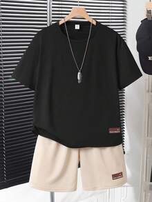 SHEIN Vacaura 青少年男孩休閒舒適長袖連帽衛衣與長褲套裝 - 黑色 - 查看 2