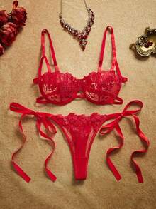 PinupPomp 2pcs Sky Blue Embroidered Lace-Up Lingerie Set For Women - Red - View 1
