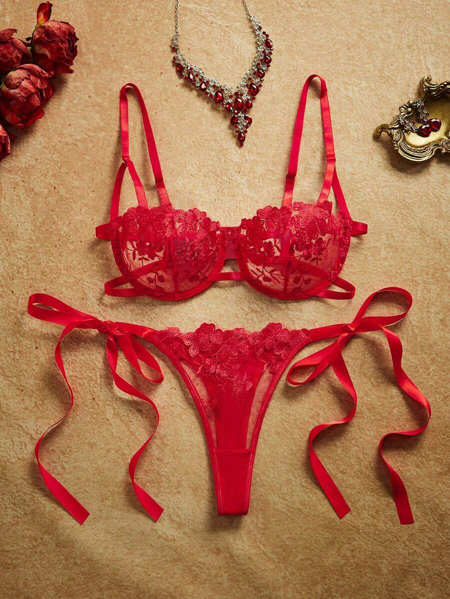 PinupPomp 2pcs Sky Blue Embroidered Lace-Up Lingerie Set For Women - Red - View 1