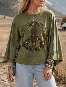Wildy Tenue d'été décontractée BOHO style western country avec patchwork blocs de couleurs pour femme, top ample asymétrique basique pour sorties et trajets quotidiens - Militaire verte - Voir 6