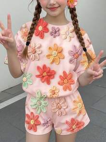 少女休閒可愛趣味紋理碎花甜美奶油風田園風圓領短袖T恤寬鬆短褲兩件套，適合春夏，圖案舒適，女孩套裝，Y2K復古度假風 - 彩色 - 查看 2