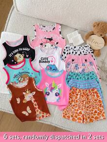 SHEIN [6pcs/2sets Randomly Young Girls Cartoon Print Short Sleeve Shorts Pajamas, Lightweight Summer Homewear, Suitable For Home, Outings And Various Occasions - Multicolor - View 4