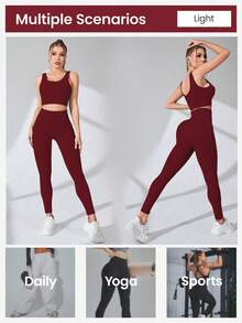 Nuvra Burgundy Women Gym Workout Set,Autumn Athleisure Round Neck Top And Slim Fit Leggings Set,Seamless Quick-Drying Sports Clothes For Chinese New Year - Burgundy - View 2