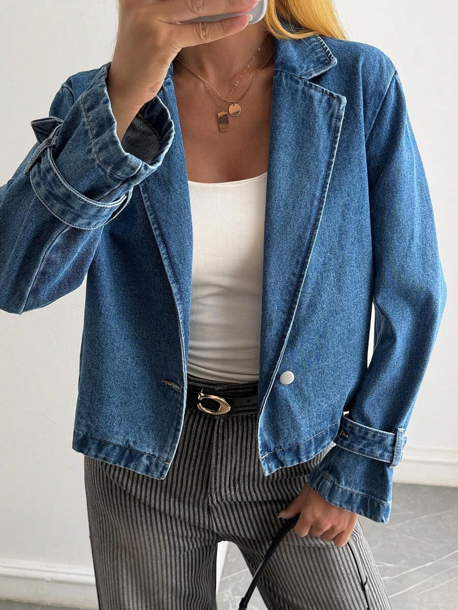 DAZY Women's Lapel NeckLong Sleeve Casual Denim Jacket Fall - Blue - View 1