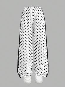 青少年女孩針織波點印花拼接織帶運動長褲 - 白色 - 查看 6