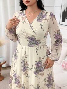 Modelyn Plus Size Women's V-Neck Floral Print Casual Romantic Celestial Party Birthday Dress Wedding White Fall - Apricot - View 6