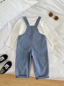 Cozy Pixies Overol de mezclilla con estampado de palmeras para bebé niño, cómodo y versátil - Azul - Ver 2