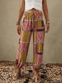 Wildy BOHO Vintage Casual Western Country Print Pattern Women's Autumn Daily Basic Outfit Outing Vacation Holiday Commute Pocket Lantern Pants Pink Floral - Multicolor - View 3