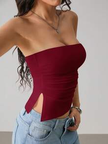 SHEIN PETITE Top bandeau sin espalda con abertura lateral para mujer - Burdeos - Ver 2
