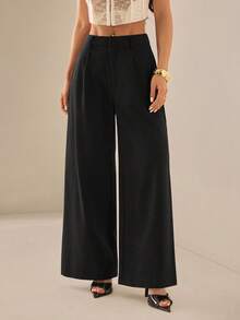 SHEIN PETITE Women's Solid Color Casual Versatile Wide Leg Pants For Daily Wear ,Petite Women - Black - View 1
