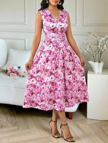 SHEIN Lady 四季皆宜的节日礼服/婚礼宾客/礼服/舞会礼服/金色/晚宴礼服/金色女士缎面提花前开衩连衣裙，休闲派对优雅 - 粉色 - 查看 4