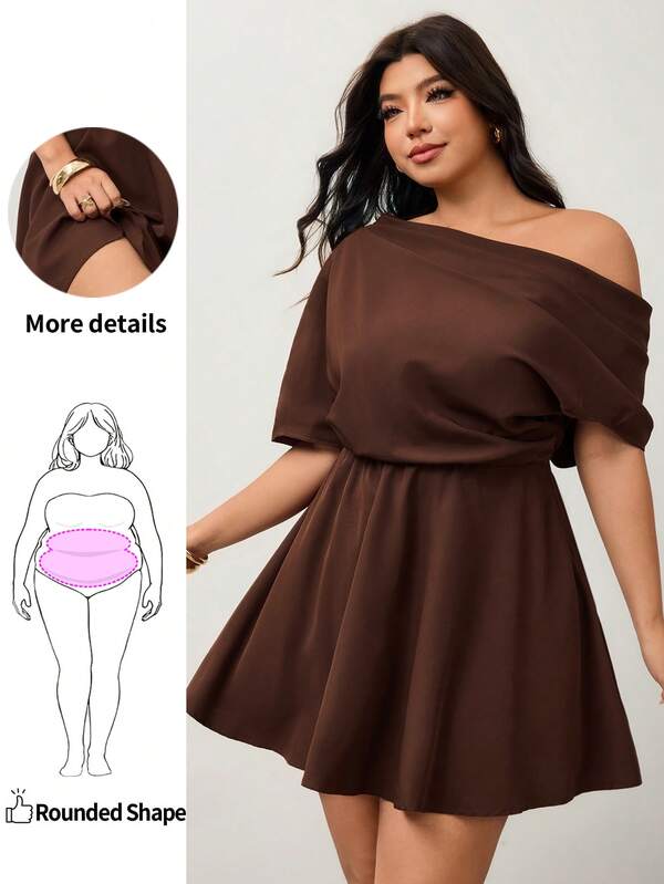 Enliva Plus Size Women's Casual Commute Solid Color Asymmetric Neckline Cinched Waist A-Line Dress, Summer Brown Elegant Dress, Chocolate Brown Dress, Coffee Brown Dress, Brown Wedding Guest Dress, Spring Women's Clothing, Spring Women's Clothing