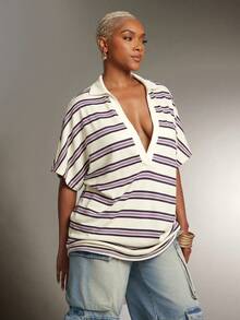 Denimoi Plunge Neck Collared Oversized Striped Polo Top Fashionable Tops - Purple - View 4