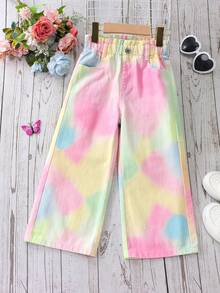 SHEIN Elladie kids 少女休閒波希米亞風度假平腰平口袋寬腿牛仔褲，日常穿搭 OOTD - 粉色 - 查看 4