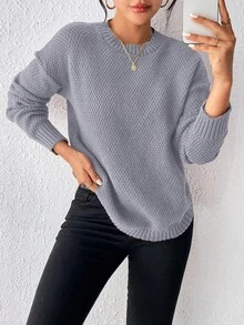 SHEIN LUNE 秋冬休閒純色圓領毛衣 - 淺灰紫 - 查看 6