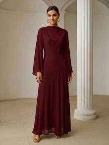 ZEYLAH Asymmetrical Fitted Long Dress With Large Sleeves, Spring - Burgundy - View 5