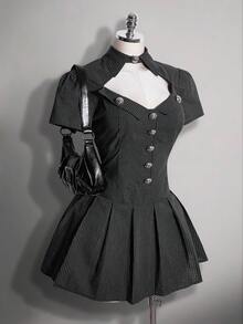 SHEIN ICON Plus Size Retro Goth Elegant Renaissance Sexy Preppy Style Shirt Collar Hollow Out Puff Sleeve Black And White Metal Button Pleated Dress - Black and White - View 5