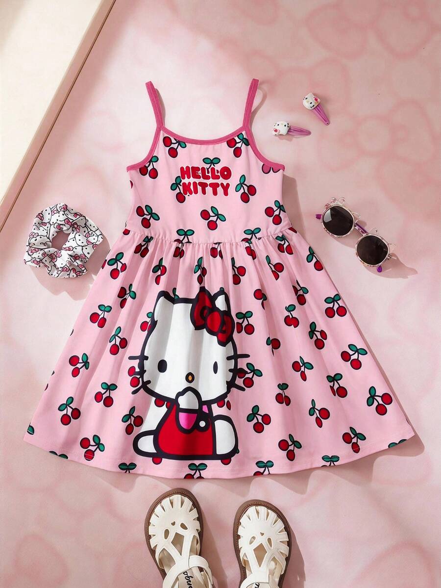 HELLO KITTY AND FRIENDS | SHEIN 女童字母卡通印花百褶拼接色塊休閒日常細肩帶洋裝 - 粉色 - 查看 1
