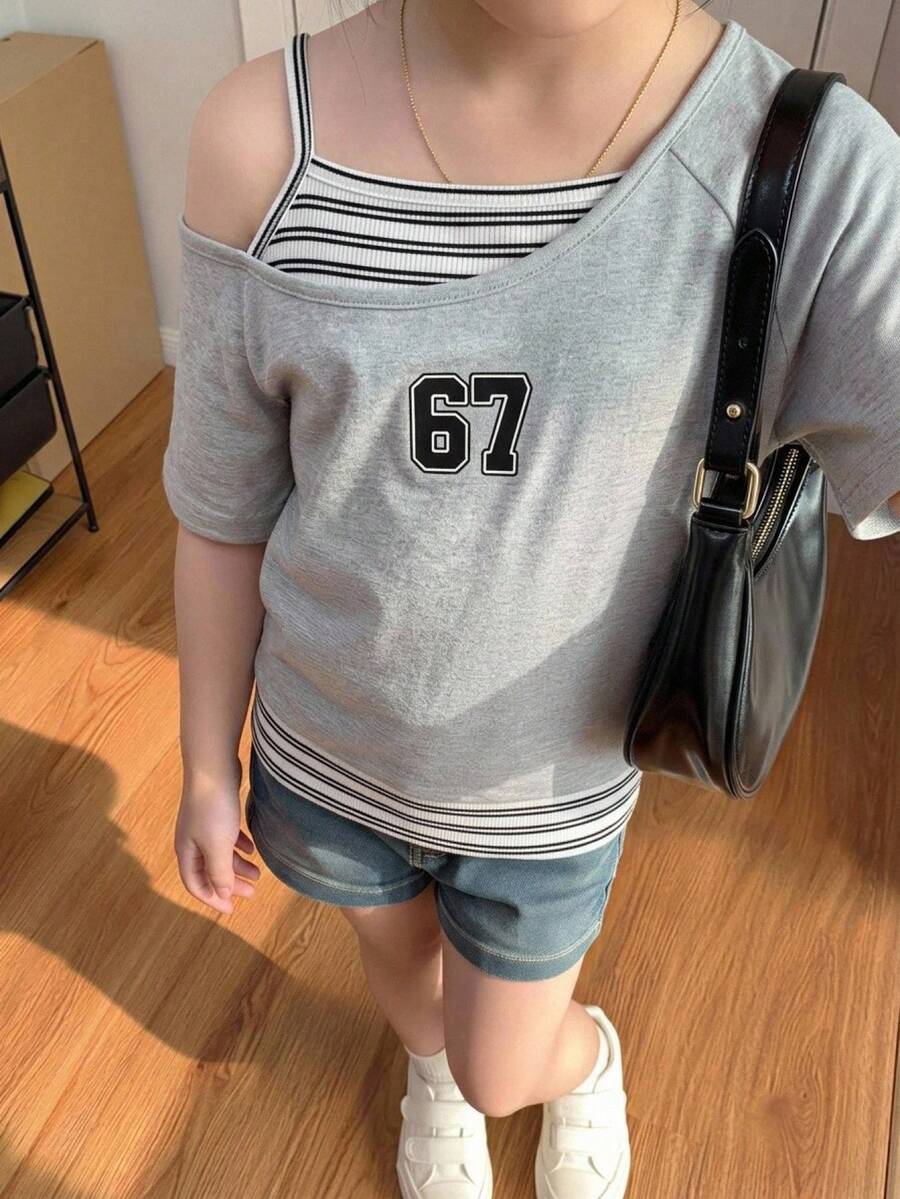 SHEIN Genkimix Kids 青少年女孩休閒 2 合 1 街頭風 T 恤，這款 T 恤印有數字 67 圖案，搭配露肩短袖設計，適合夏季休閒活動、購物和拍照。