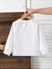 SHEIN Elladie kids 女童優雅刺繡蕾絲花瓣領公主長袖鈕扣式單排扣休閒時尚公主襯衫，適合學校、度假、旅行、生日派對、禮物、春季與秋季 - 白色 - 查看 3