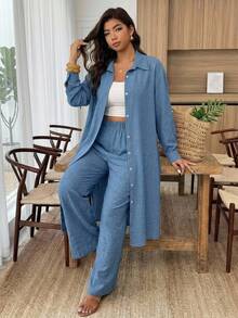 SHEIN CURVE+ 大尺碼女款單排扣素色長袖開襟外套與長褲休閒日常2件套 - 藍色 - 查看 6