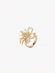 Opalesca 18K Gold-Plated Chrysanthemum-Shaped Pearl Inlaid Zirconium Niche Exquisite Fashion Ring - Yellow Gold - View 6