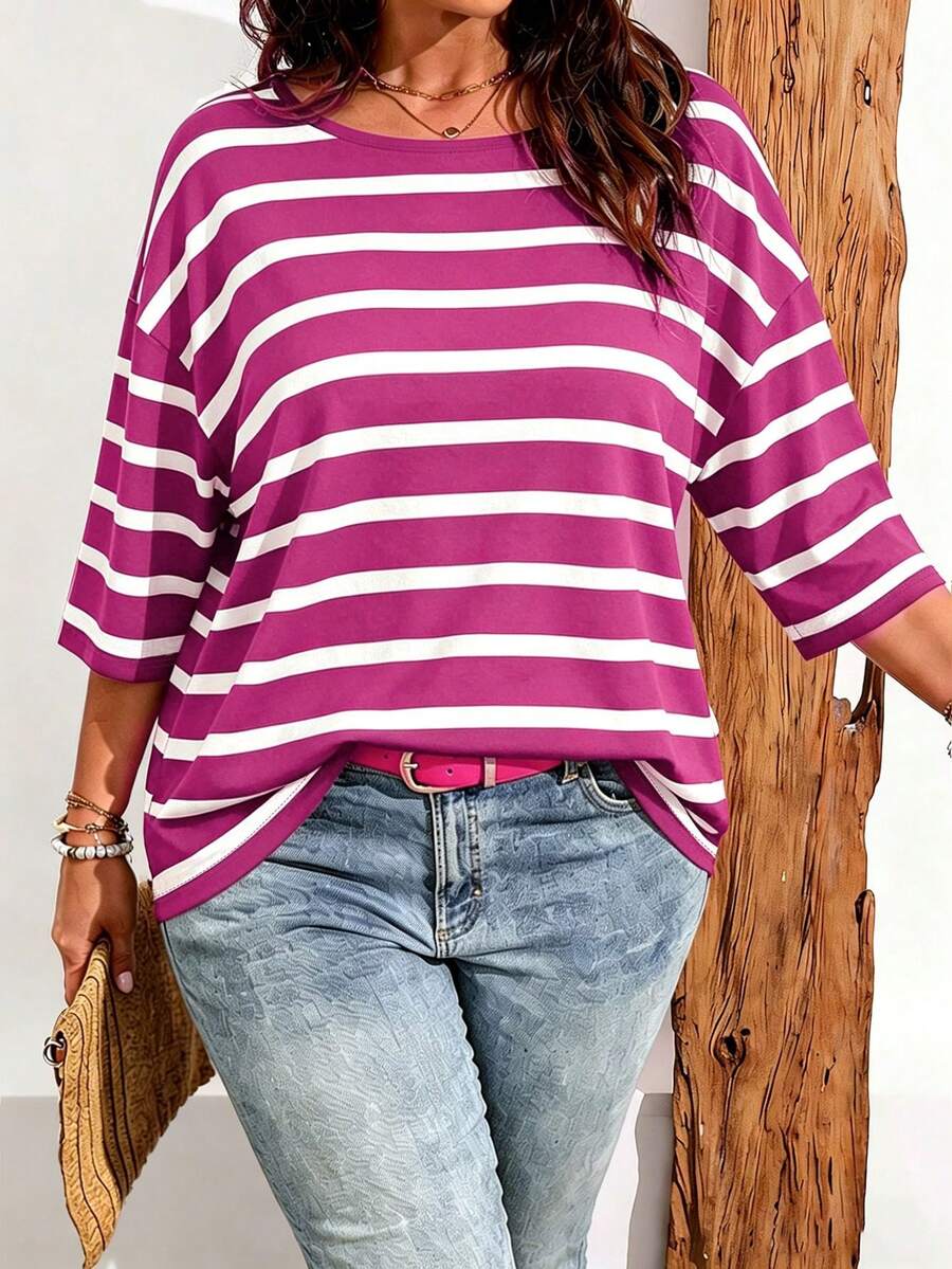 EMERY ROSE Plus Size Women Casual Minimalist Floral Print Drop Shoulder T-Shirt, Suitable For Summer Women Tops - Multicolor - View 1