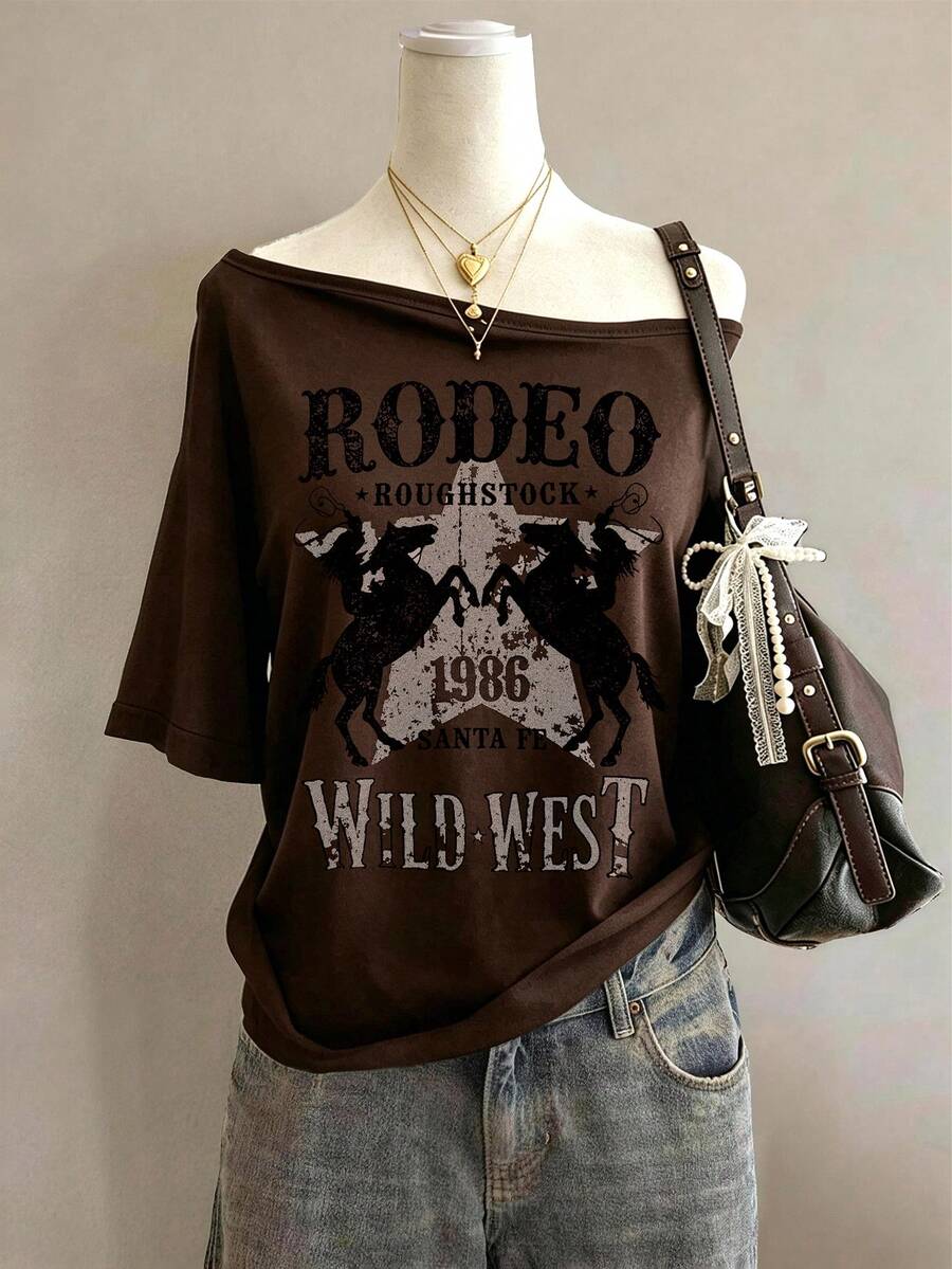 Lalippa Western Cowboy Pattern Print Simple Women's Round Neck T-Shirt, Friend's Gift - Brown - View 1