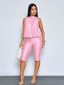 SOLERSUN Women's Halter-Neck Top And Fitted Knee-Length Shorts Set-Spring/Summer Old Money Aesthetic - Pink - View 4