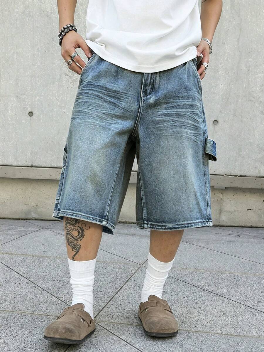 Manfinity EMRG Men's Casual Fashionable Street Bermuda Wide Leg Denim Shorts For Daily Commute, Summer - Blue - View 1