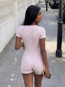 Flirla Summer Casual Cute Sexy Ditsy Floral Slim Fit Romper Lounge Pink Floral Everyday - Pink - View 2