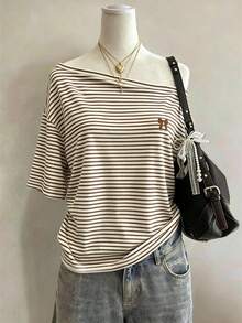 Lalippa Kaos Wanita Minimalis Berkerah Bulat Motif Garis-Garis dengan Bordir Pita, Hadiah untuk Teman - MultiWarna - View 3