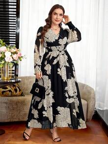 Reflora Plus Size Elegant Floral Print Dress - Black and White - View 1