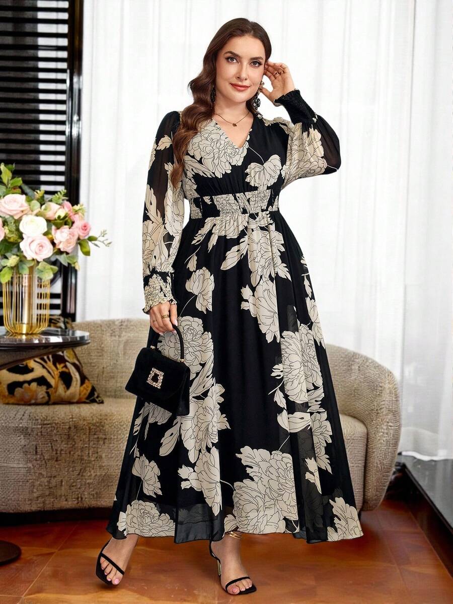 Reflora Plus Size Elegant Floral Print Dress - Black and White - View 1