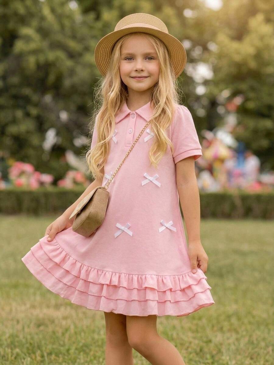 Elladie kids 女童休闲 Polo 领蝴蝶结装饰层叠荷叶边下摆短袖连衣裙 - 黃色 - 查看 1