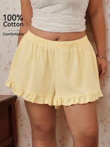 CovetEZ Shorts de talla grande cómodos de algodón puro con ribete de volantes, color amarillo pálido, casuales y versátiles, nuevos para primavera/verano - Amarillo - Ver 3